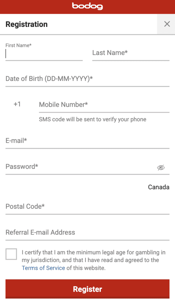 Bodog sign-up form